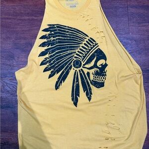 The Drive Yellow Tank Top with Skull and Feather Design